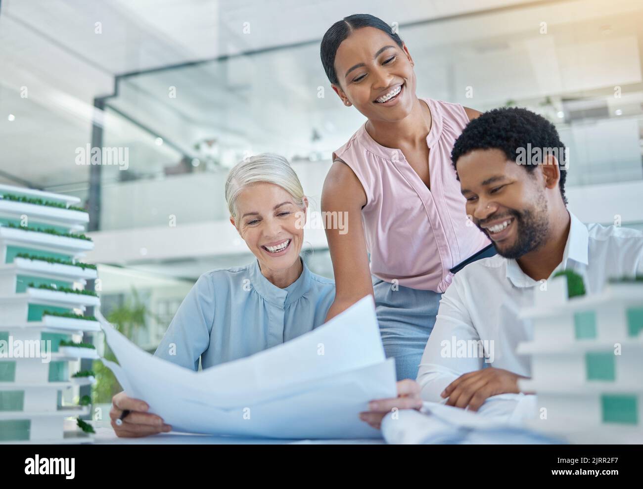 Architecture, designer and happy engineering team speak of their development office building project blueprint on paper. Smile, model and teamwork in Stock Photo