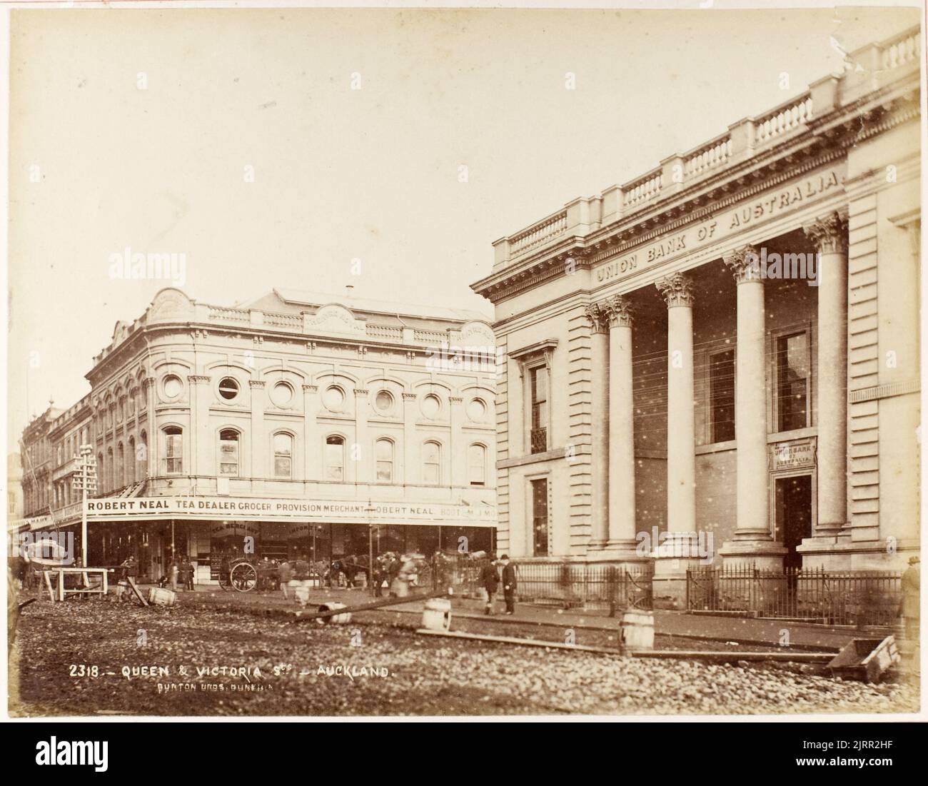 Queen & Victoria St. - Auckland, 1800s, Dunedin, by Burton Brothers. Stock Photo