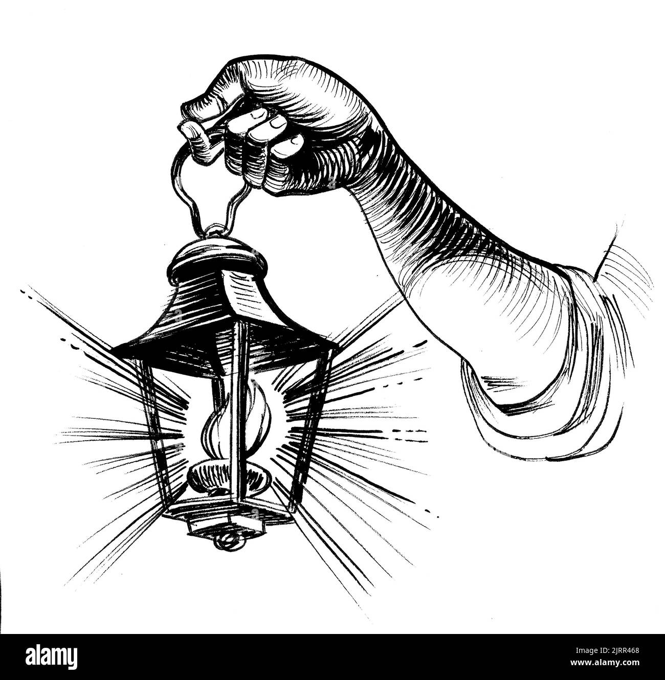Hand holding a lantern. Ink black and white drawing Stock Photo Alamy