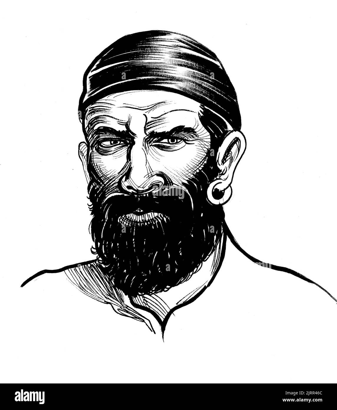 Bearded pirate in bandana. Ink black and white drawing Stock Photo - Alamy