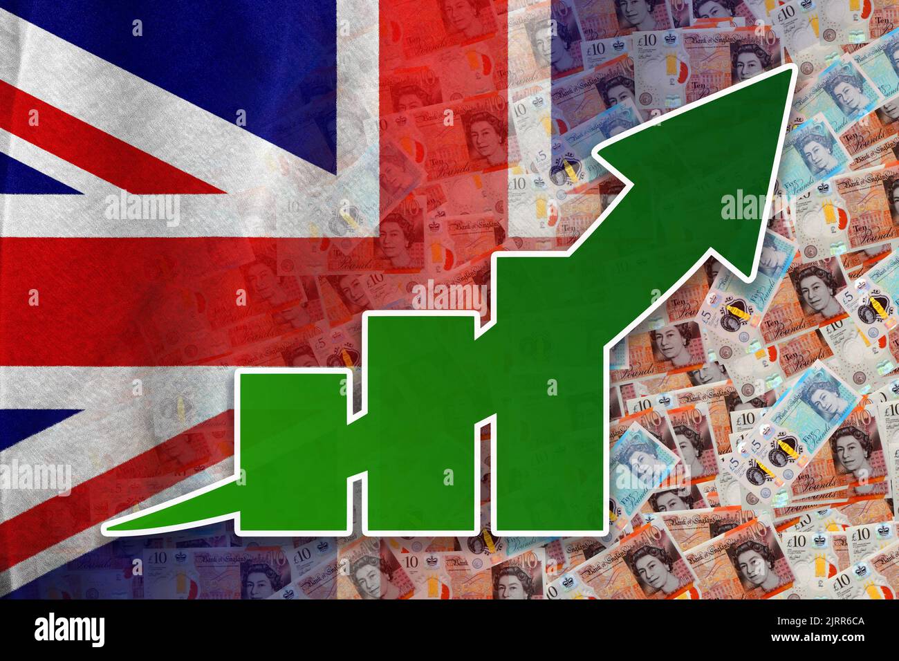 Economy graph rising arrow, cash sterling banknotes and UK flag