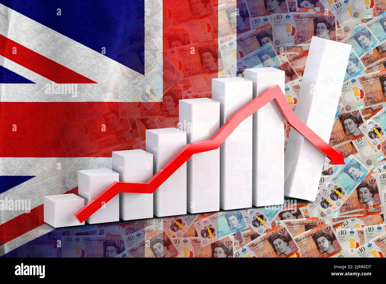 Economy graph - down arrow, cash sterling bills and UK flag (money