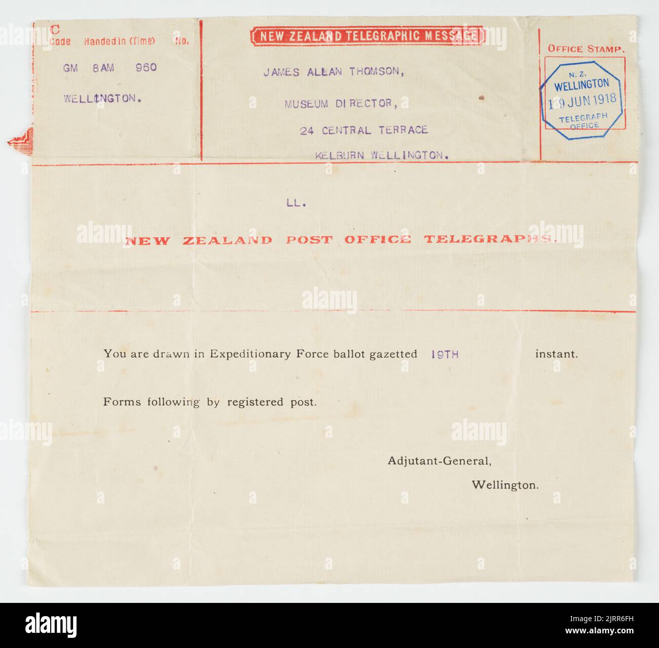 Ballot Draw notice, 19 June 1918, Wellington, by Dr James Thomson