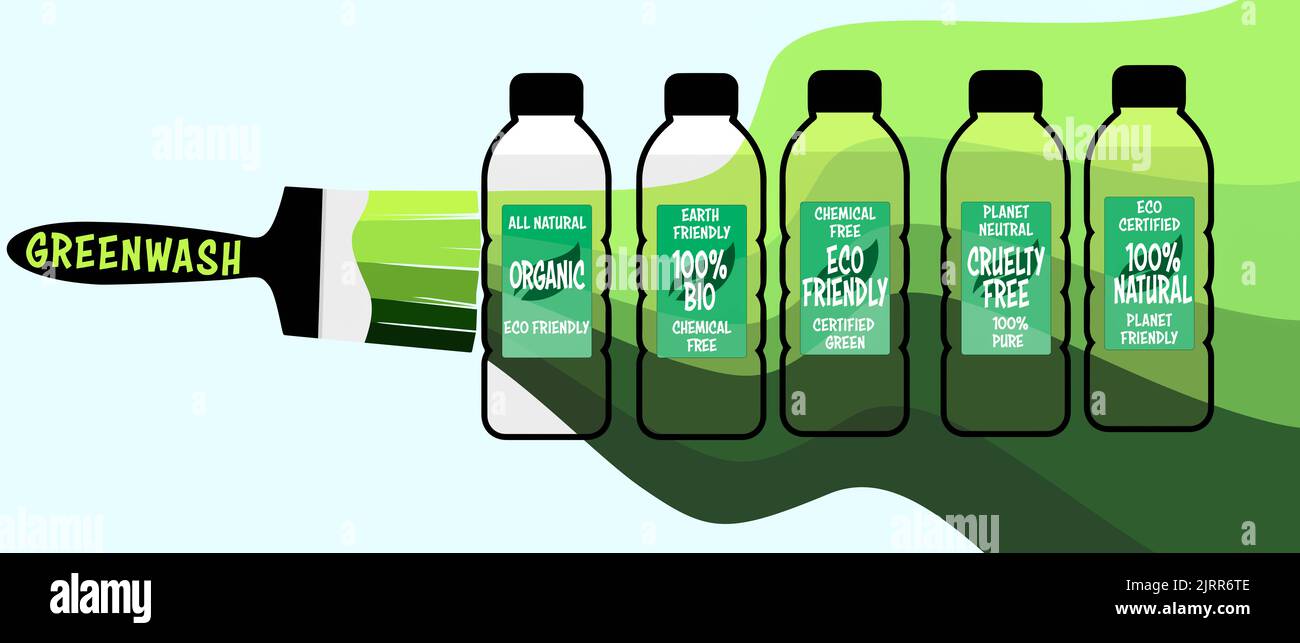 Greenwash labels on consumer products, advertising marketing spin to deceptively persuade consumers that the companies products, aims and policies are Stock Photo