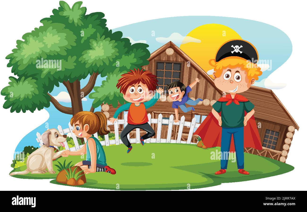 Farm scene with kids cartoon character illustration Stock Vector Image ...