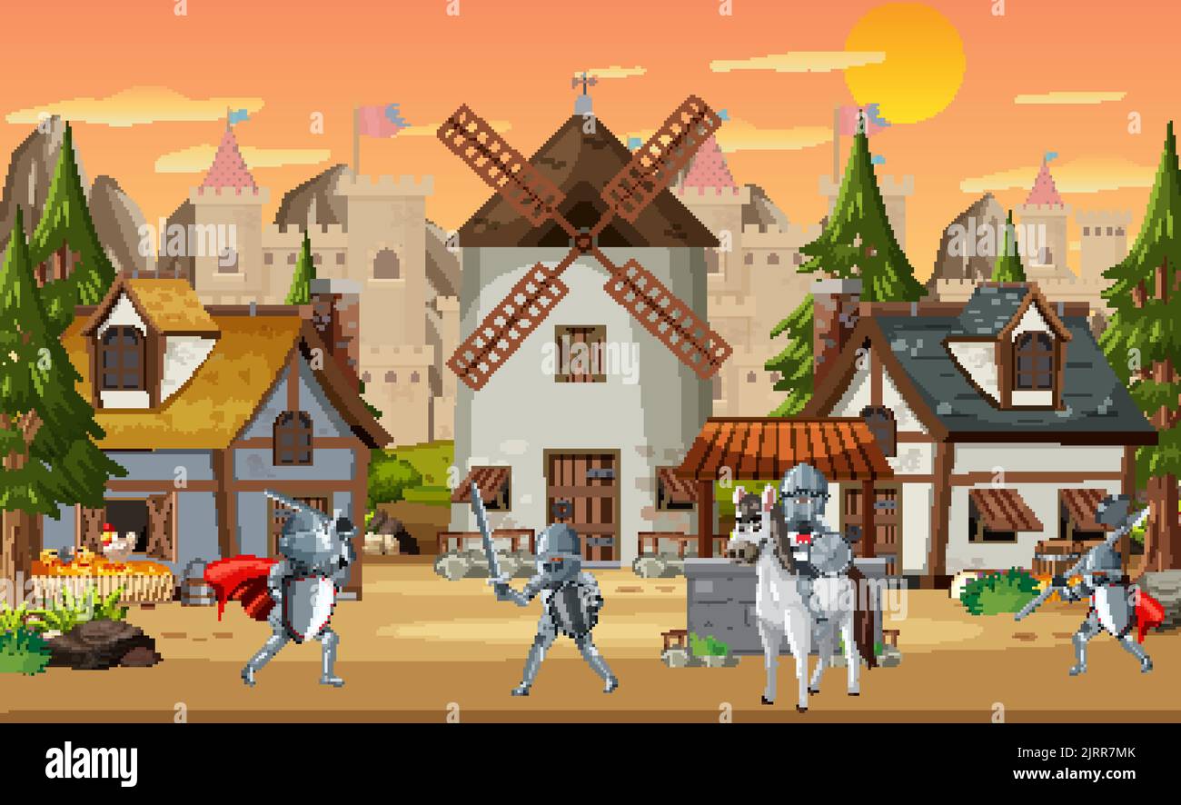 Medieval village scene castle background illustration Stock Vector ...