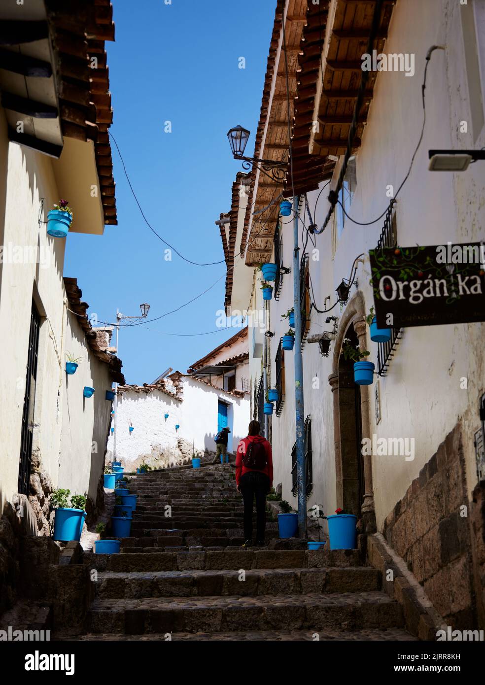 A vertical shot of stairs in an alley of Cusco, Peru during the pandemic Stock Photo