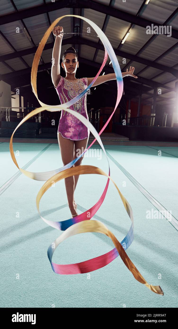 Woman with ribbon for rhythmic gymnastic. Workout sports activities in gym  of flexible girl. Sport success and health. Woman train acrobatics with rib  Stock Photo - Alamy