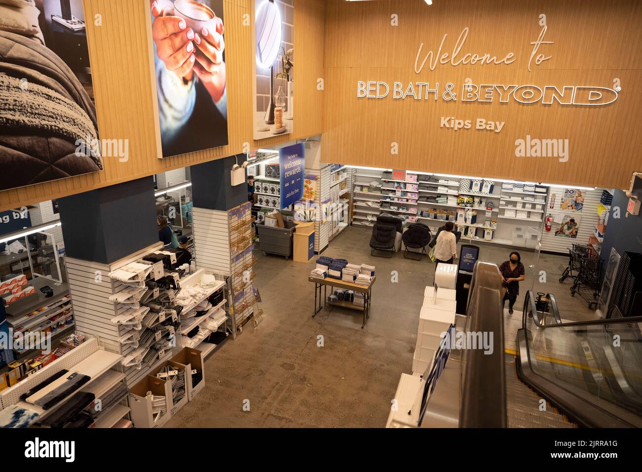 New York, New York, USA. 25th Aug, 2022. August 25, 2022: New York City, USA: Shoppers inside a Bed Bath and Beyond location on 3rd Avenue in Midtown Manhattan. $BBBY stock was targeted by the popular meme stock reddit community Wall Street Bets, famous for inflating the price of $GME Gamestop stock, in a short squeeze opportunity to make money off of Private Equity hedge funds attempting to short sale large volumes of retail stocks. Billionaire activist shareholder Ryan Cohen exited from the stock and sold off his 10% stake, but the company recently raised a new loan with the help of J.P. M Stock Photo