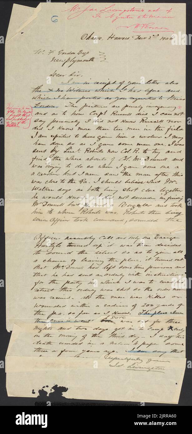 Letter to W.F. Gordon re: account of Te Ngutu o Te Manu, 02 December 1906, by James Livingston. Stock Photo