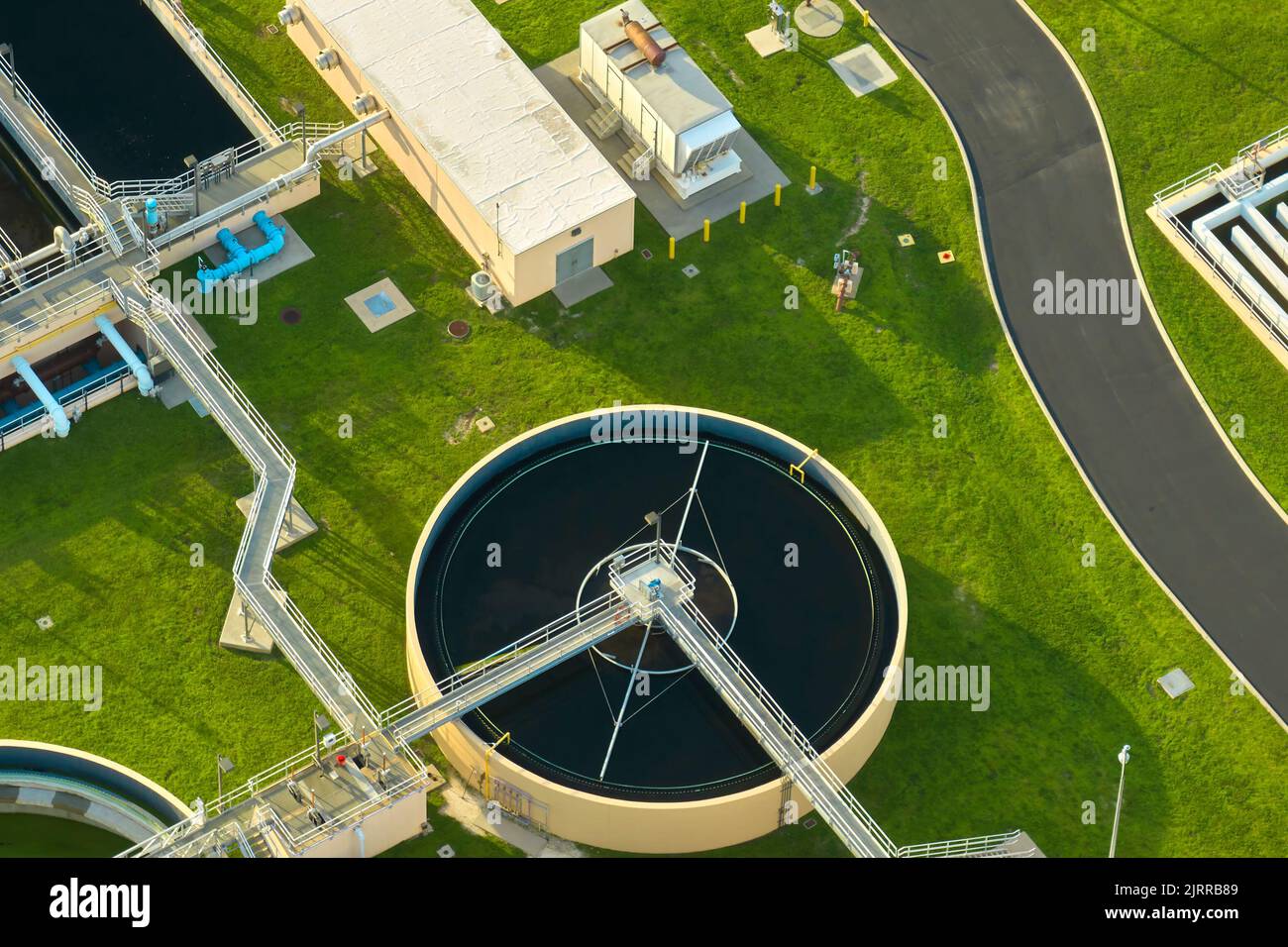 Aerial view of modern water cleaning facility at urban wastewater