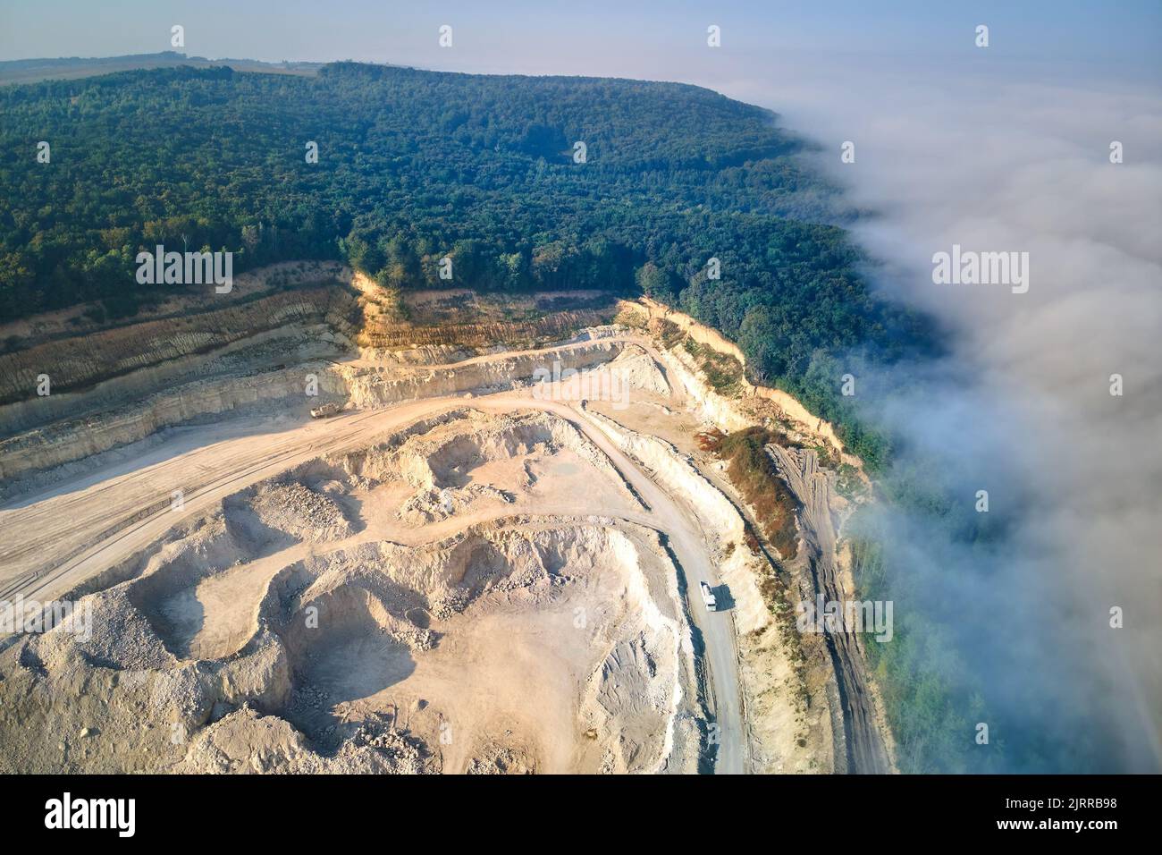 Aerial view of open pit mining of limestone materials for construction