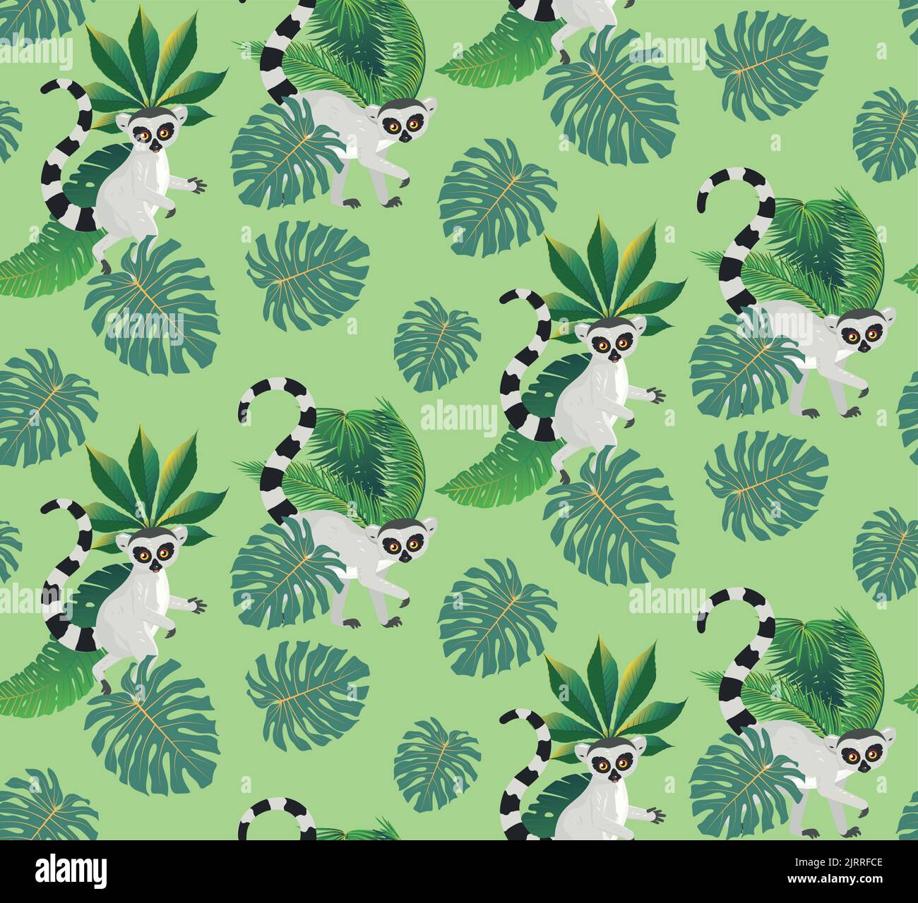 Cartoon gray lemur catta with tropical leaves pattern illustration. Stock Vector
