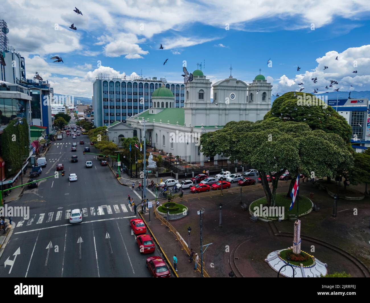 Beautiful aerial view of the City Streets and the Metropolitan Cathedral of San Jose in Costa Rica Stock Photo