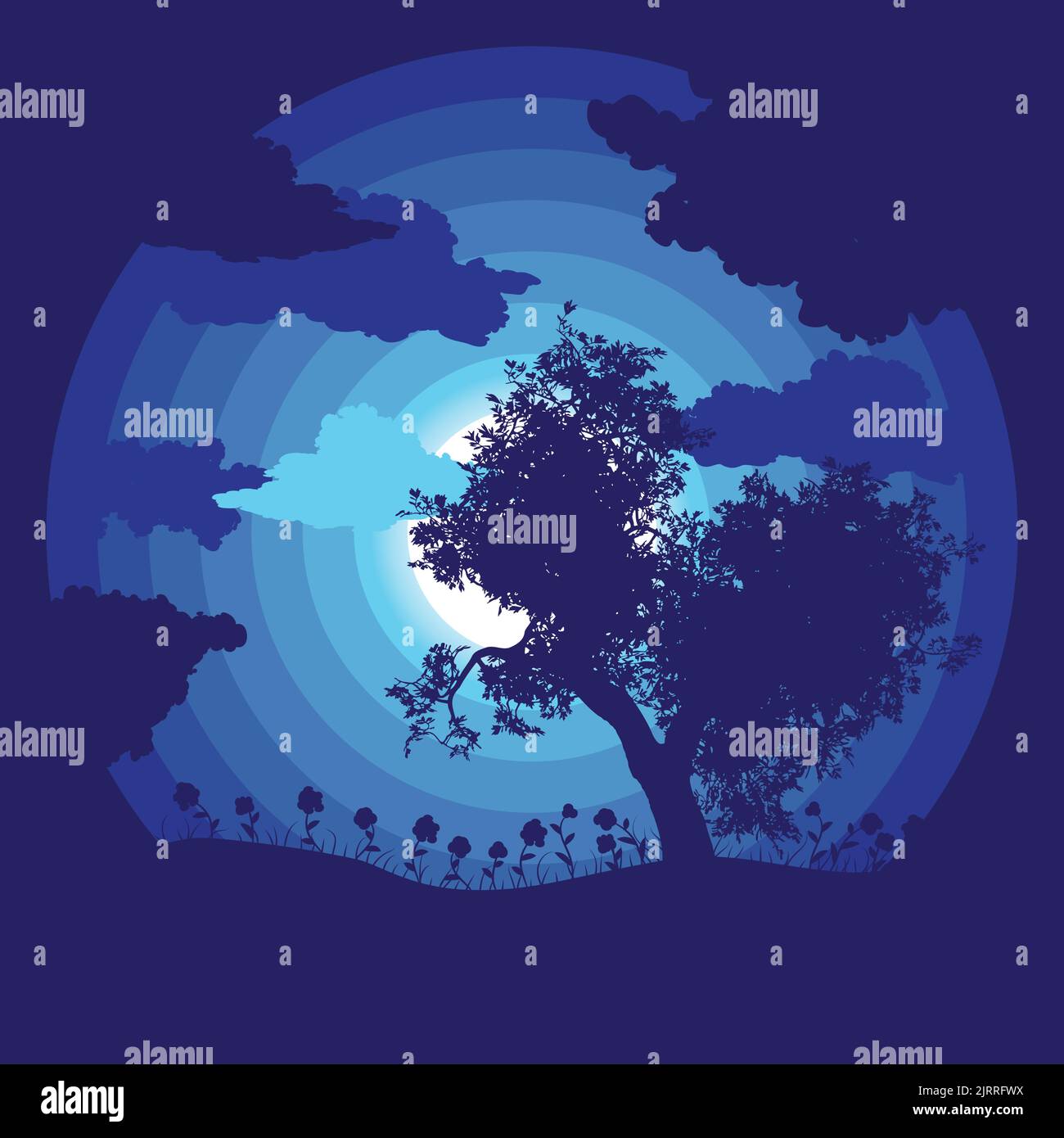 Dark night landscape with tree and grass silhouette illustration. Stock Vector