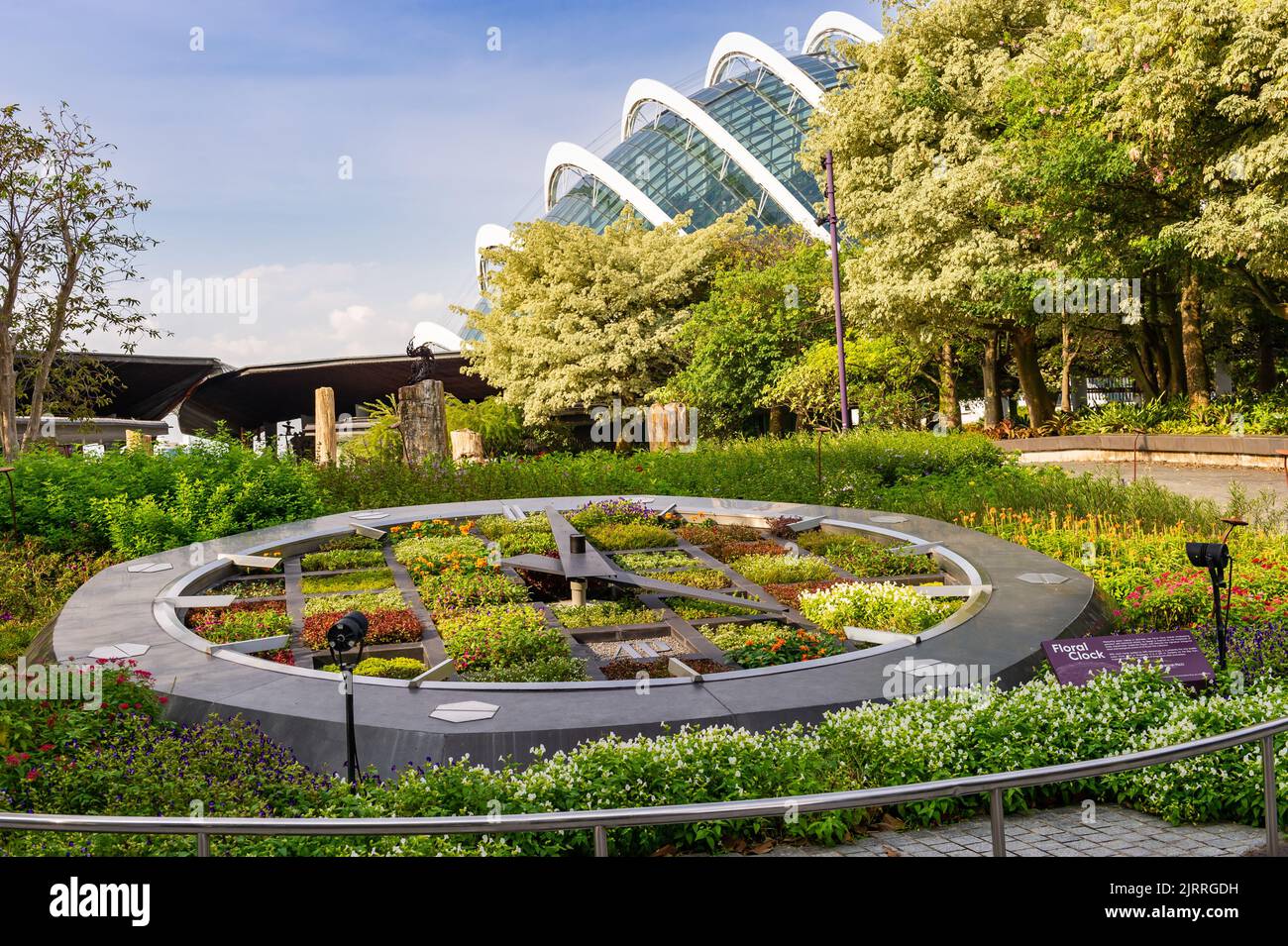 The Floral Clock with the Cloud Forest in the background, Gardens by the Bay, Singapore Stock Photo