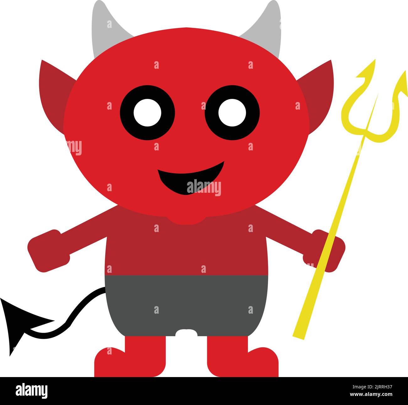 A red devil icon with gray horns, black tail, and yellow wand on the white background Stock Vector