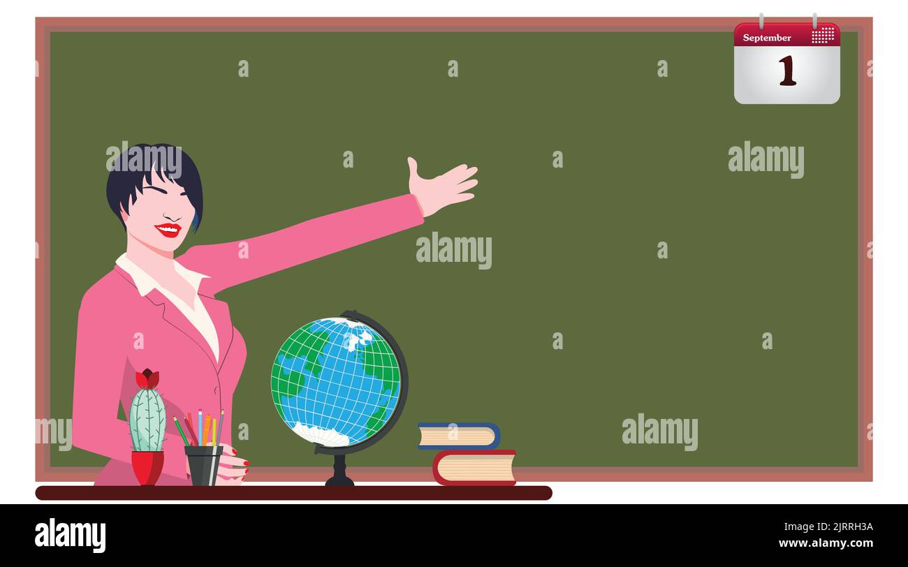 Female teacher in a pink suit shows something on a green chalkboard, a school themed illustration. Stock Vector