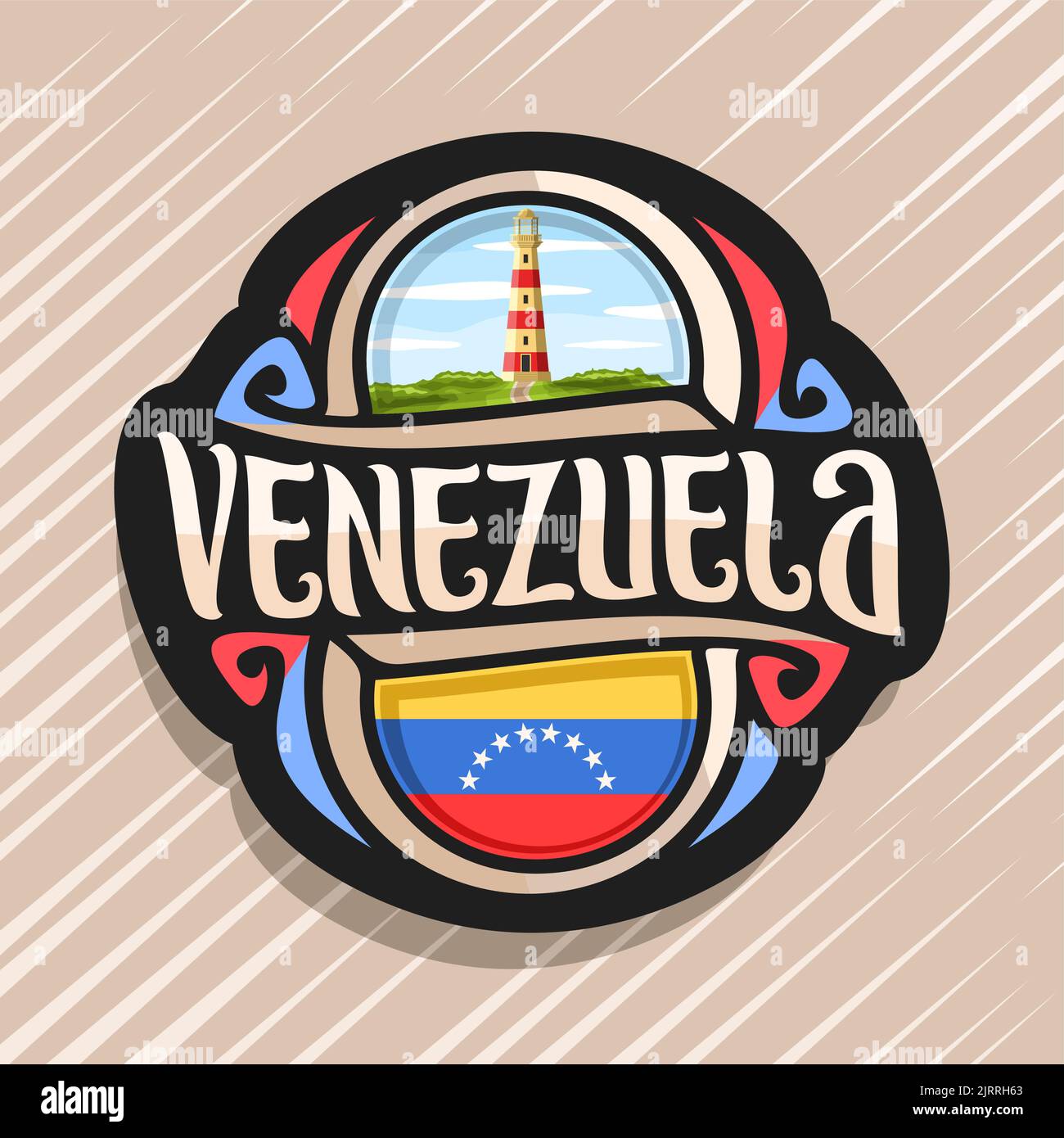 Vector logo for Venezuela country, fridge magnet with venezuelan flag, original brush typeface for word venezuela and national venezuelan symbol - Lig Stock Vector