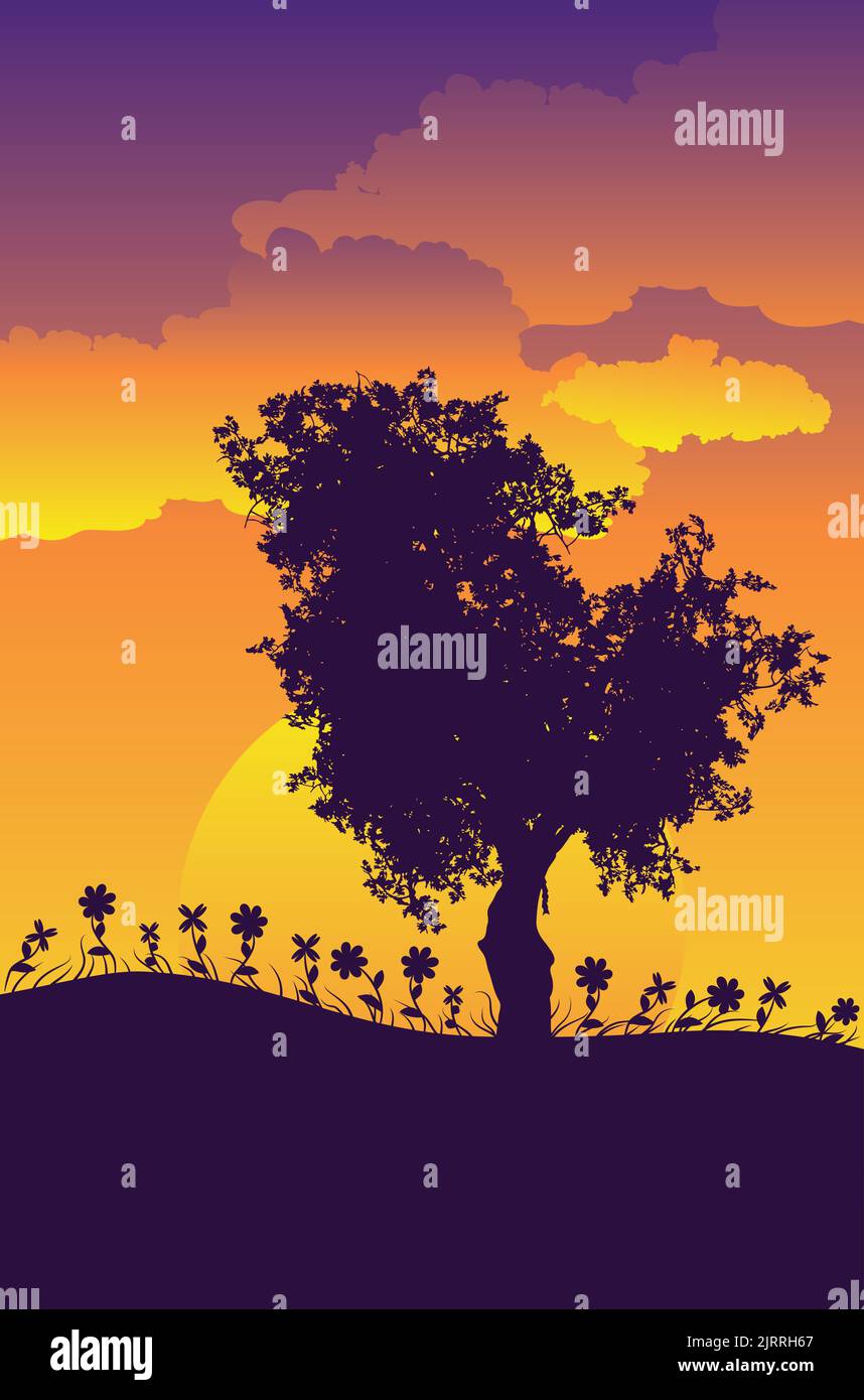 Big tree and grass silhouette at sunset time Stock Vector Image & Art ...