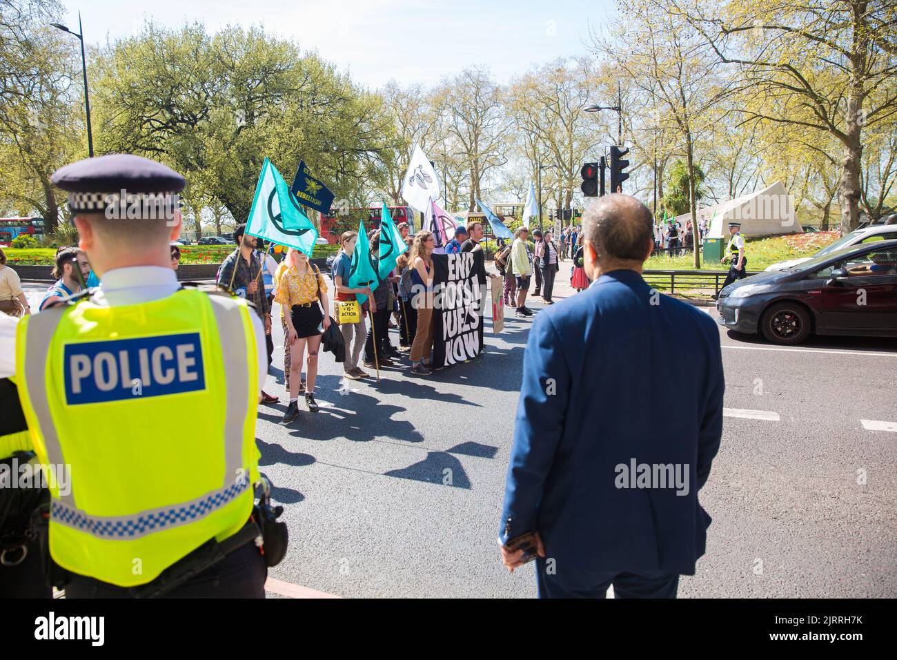 Climate activists gather for Extinction Rebellion’s April actions to call for an end to the fossil fuel economy in central London. Stock Photo