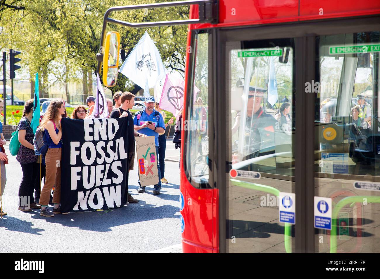 Climate activists gather for Extinction Rebellion’s April actions to call for an end to the fossil fuel economy in central London. Stock Photo