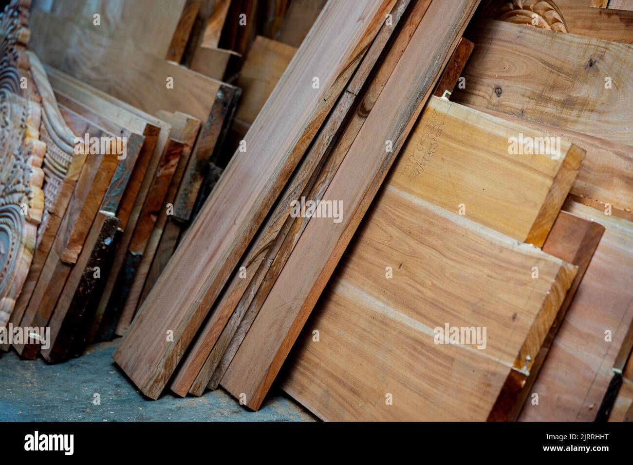 Eucalyptus Wood Plank With Blur Background. Wood Planks Are Stored For