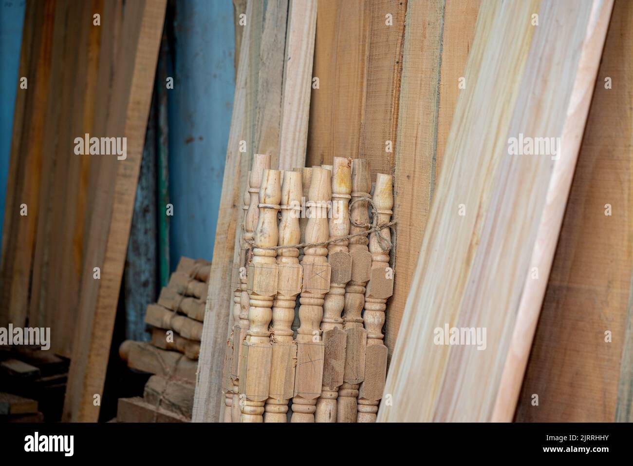 Eucalyptus Wood Plank With Blur Background. Wood Planks Are Stored For