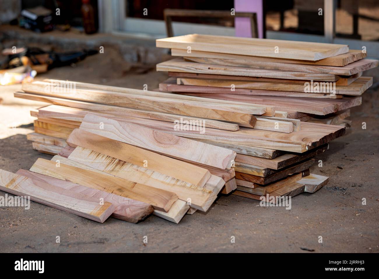 Eucalyptus Wood Plank With Blur Background. Wood Planks Are Stored For