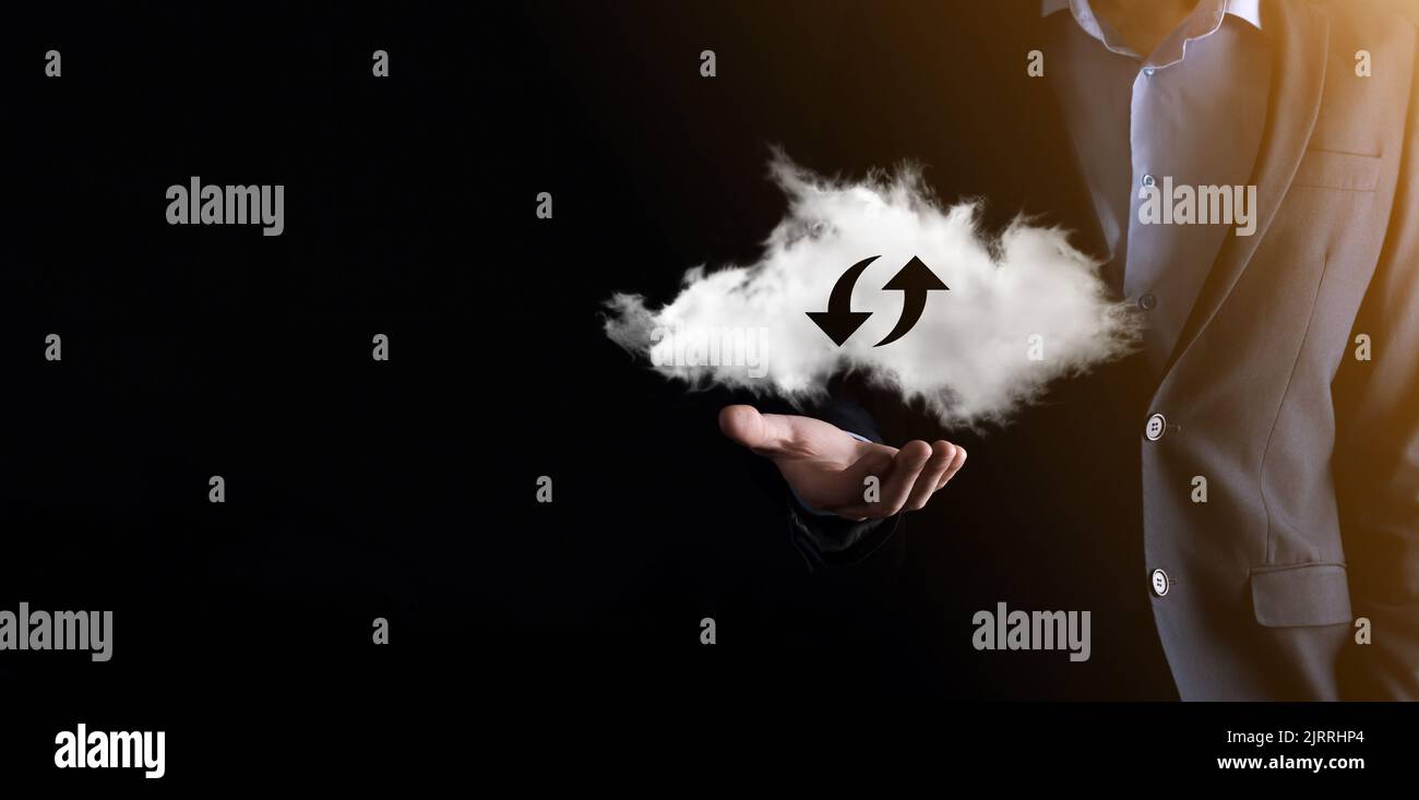 Cloud technology. Polygonal wireframe cloud storage sign with two arrows up and down on dark . Cloud computing, big data center, future infrastructure Stock Photo