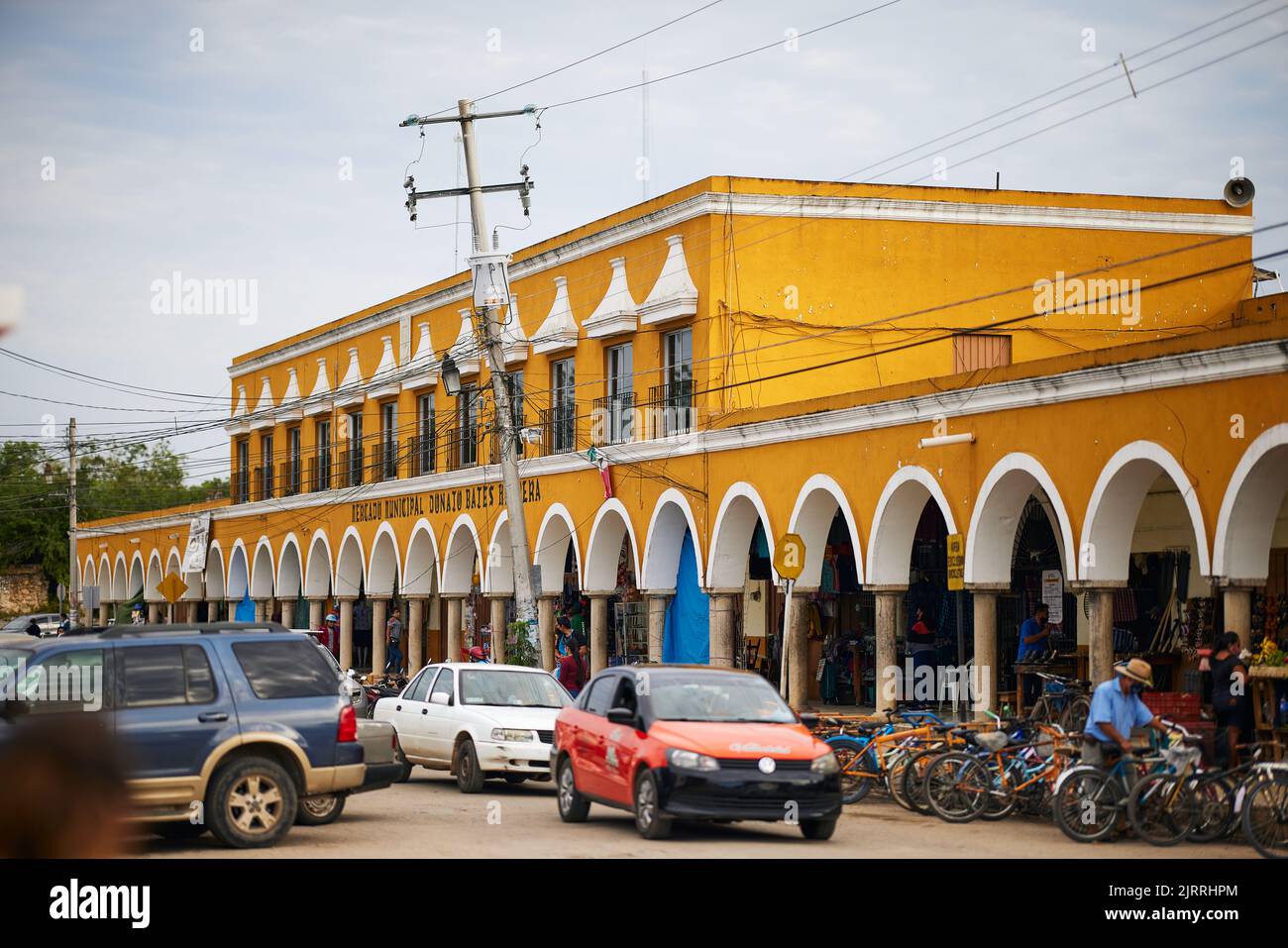 An aerial view of cityscape Valladolid with yellow building and cars