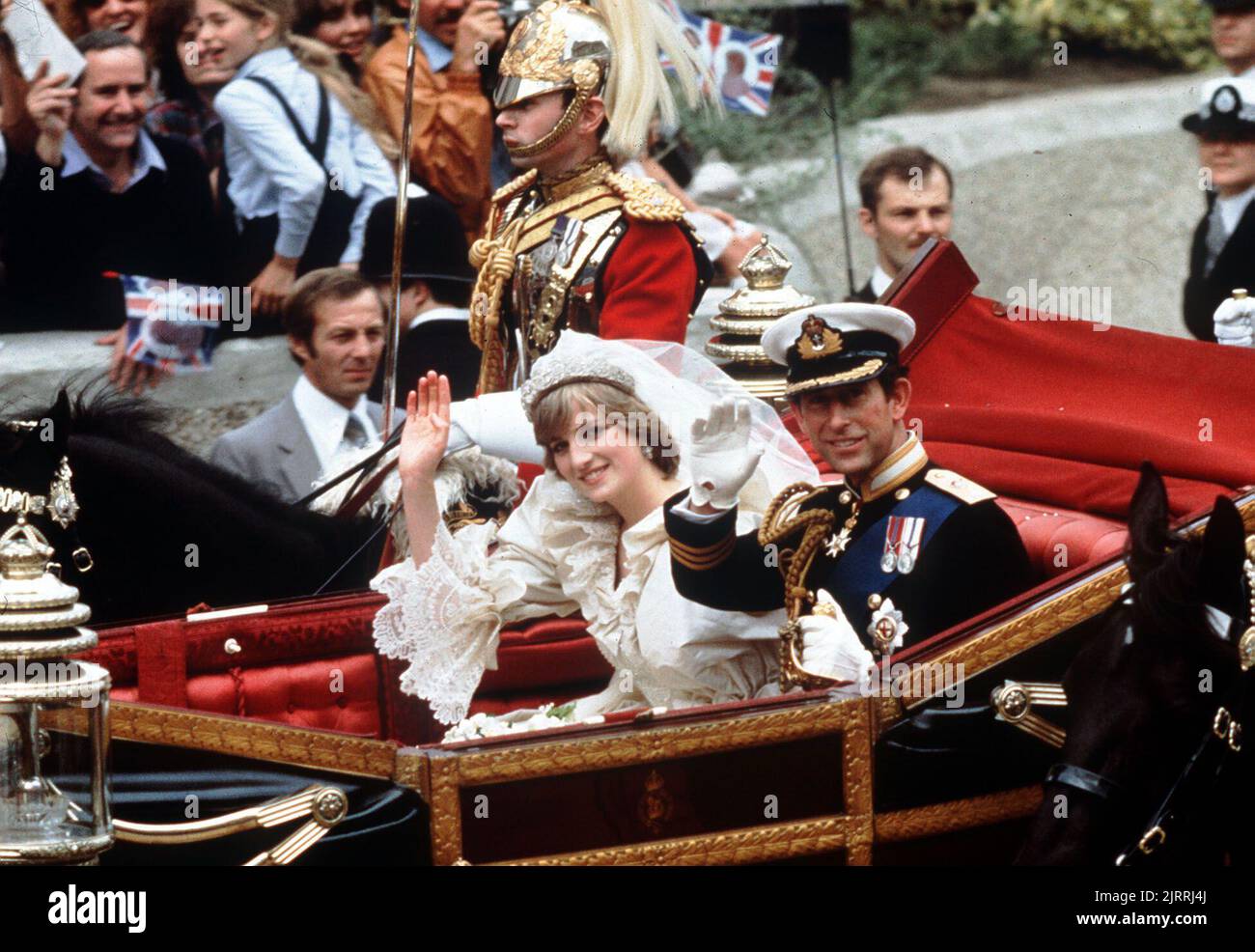 File photo dated 29/07/81 of the Prince and Princess of Wales during their carriage procession to Buckingham Palace after their wedding at St.Paul's Cathedral, London. Diana, Princess of Wales, was killed on August 31 1997 in a car crash in the Pont de l'Alma tunnel in Paris. Issue date: Friday August 26, 2022. Stock Photo