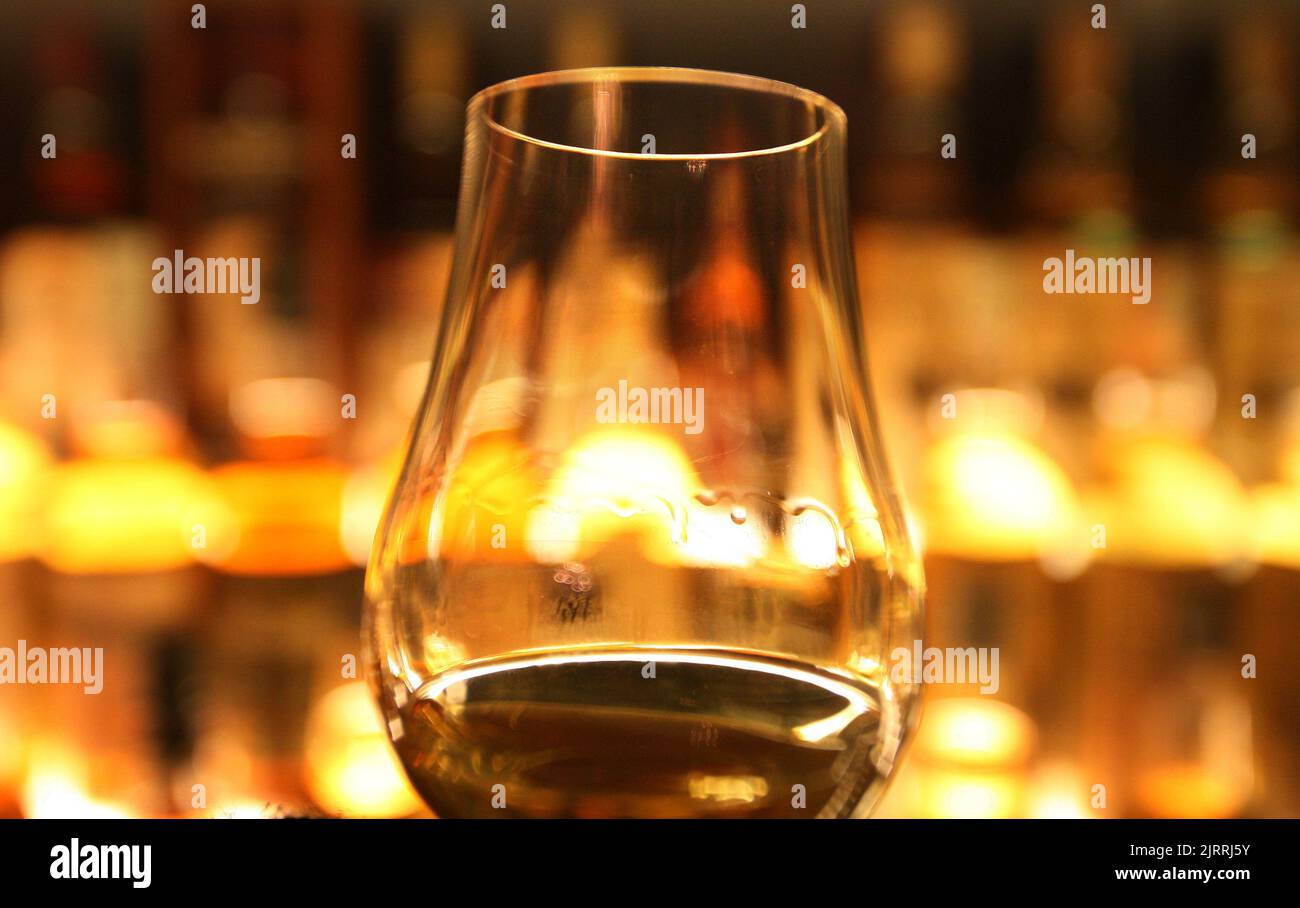 File photo dated 10/03/13 of a glass of whisky, as malt whisky production is set to resume in its 'birth place' in a rural part of north-east Scotland for the first time in 170 years. Stock Photo