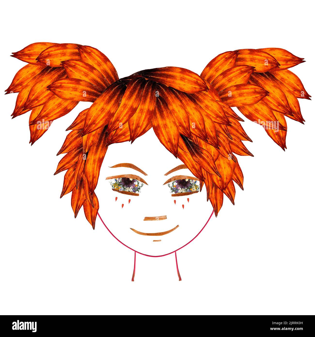 Application, face made of dried pressing multicolor Columbine flowers, long stiff brown iris. Girl with orange hair tails sticking out in different di Stock Photo