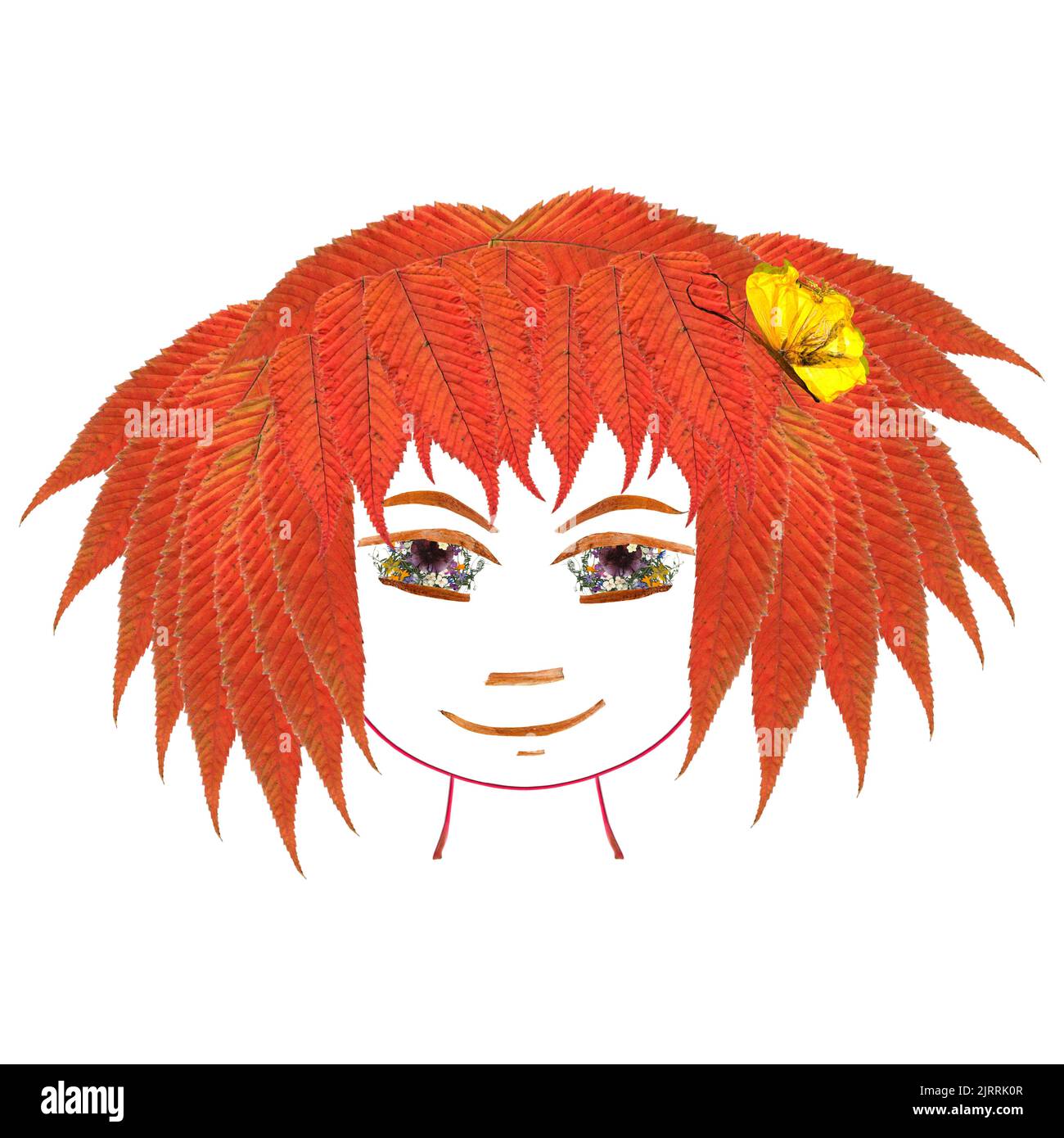 Application, face made of dried pressing multicolor Columbine flowers, long stiff brown iris. Small yellow butterfly in orange hair from elm and red t Stock Photo