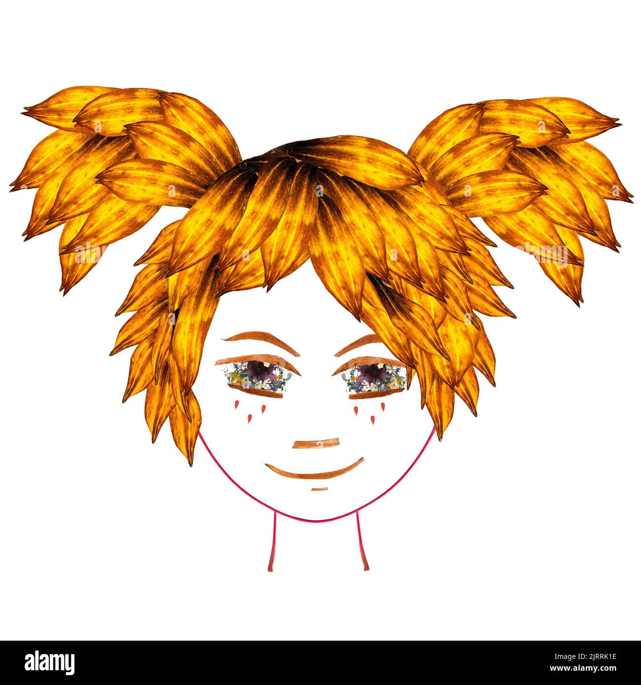 Application, face made of dried pressing multicolor Columbine flowers, long stiff brown iris. Small yellow butterfly in orange hair from elm transpare Stock Photo