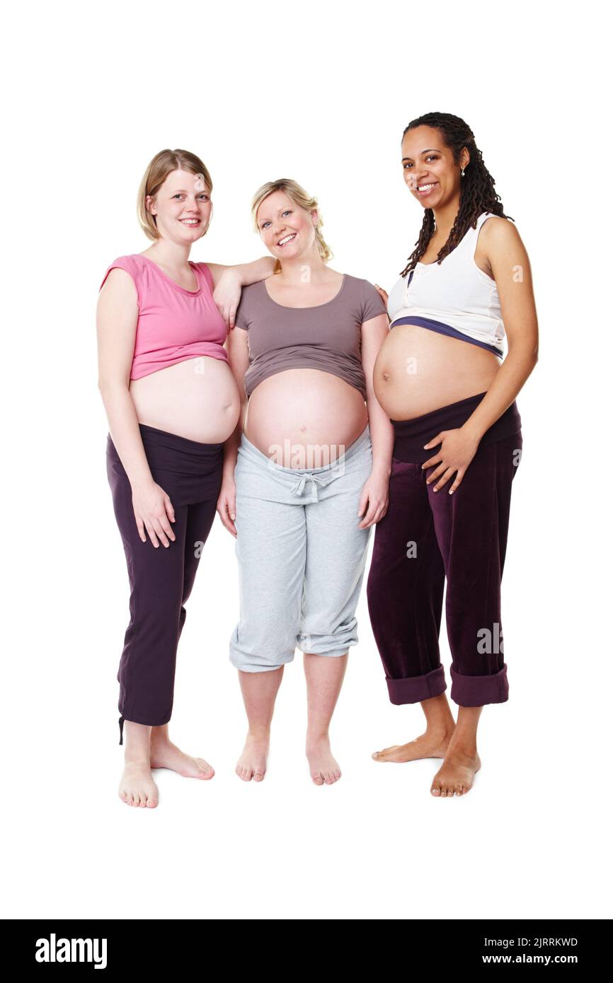 Pregnant, happy and diversity women pregnancy portrait, mother to be with wellness success smile with white background in studio. Support, maternity Stock Photo