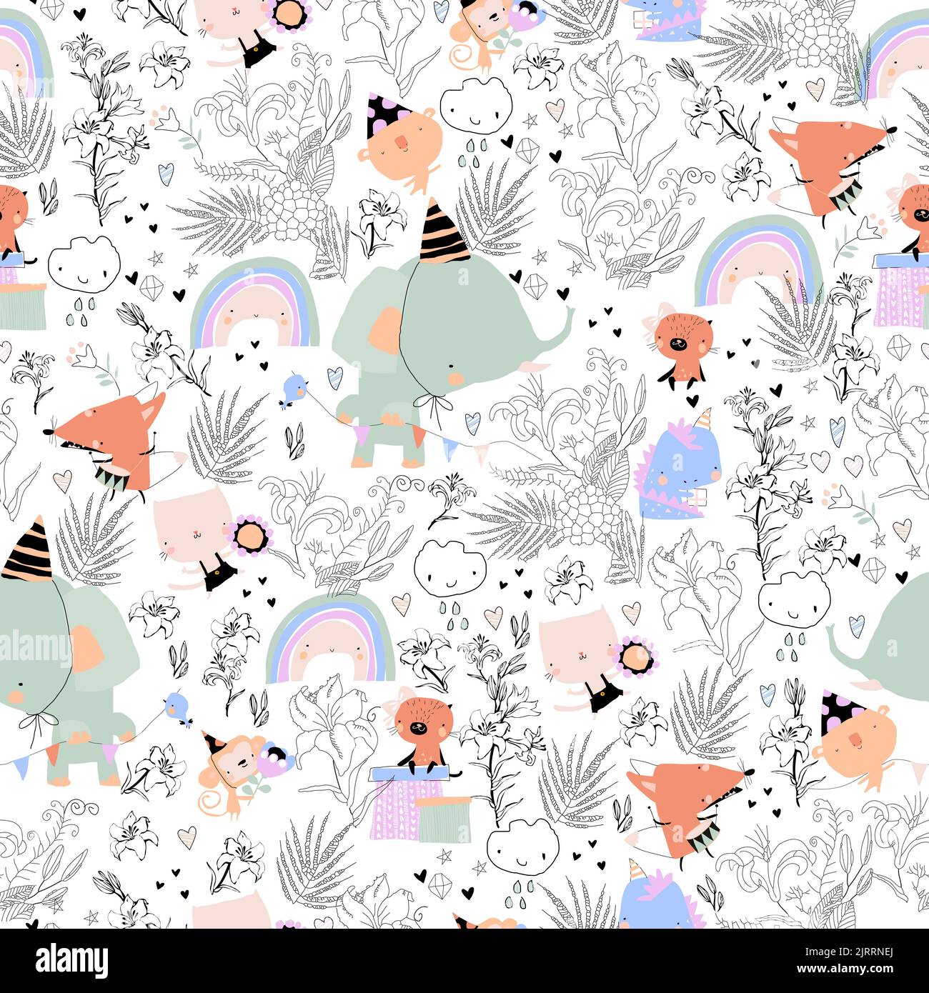 Seamless Pattern with Cute Animals celebrating Birthday Stock Vector