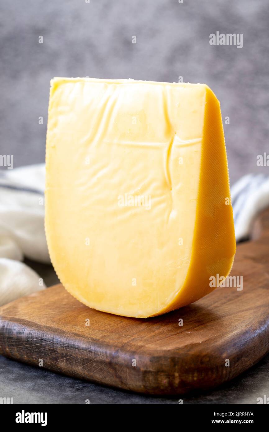 Yellow gouda cheese. Hard Dutch gouda cheese, on dark background. close