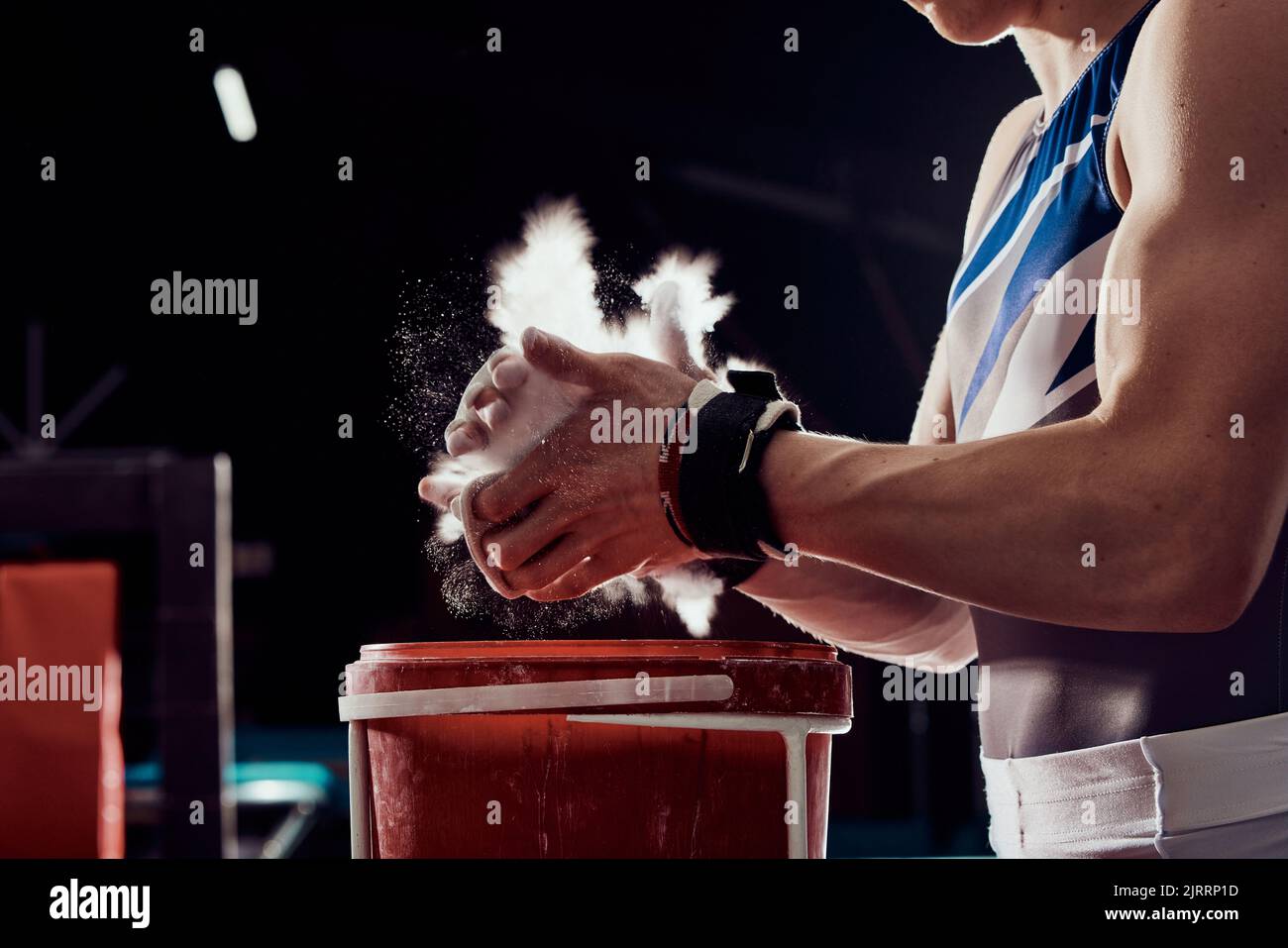 Gym, fitness and training, chalk on hands for weight lifting or cross