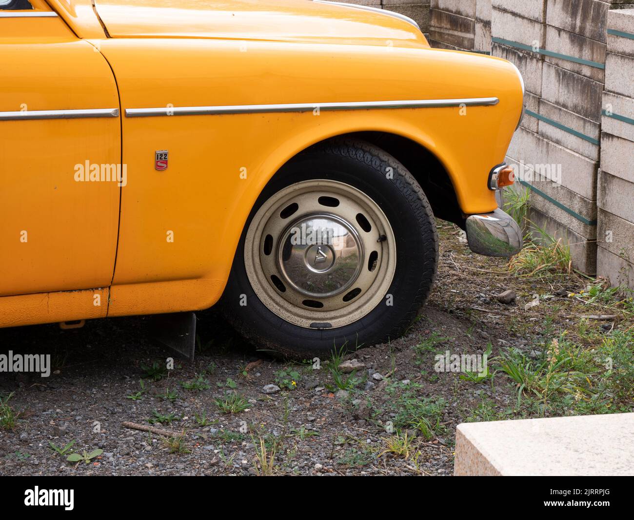 Stekene, Belgium, September 25, 2021, Old wheel of the classic car Volvo 122S Stock Photo