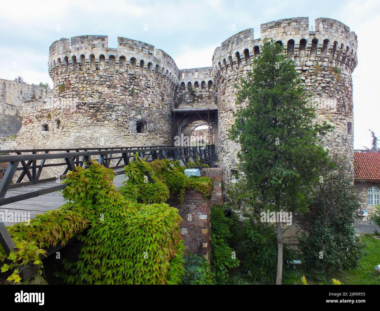 Belgrade's Kalemegdan Fortress with historic castle towers, gate and wooden bridge, Belgrade, Serbia. Stock Photo