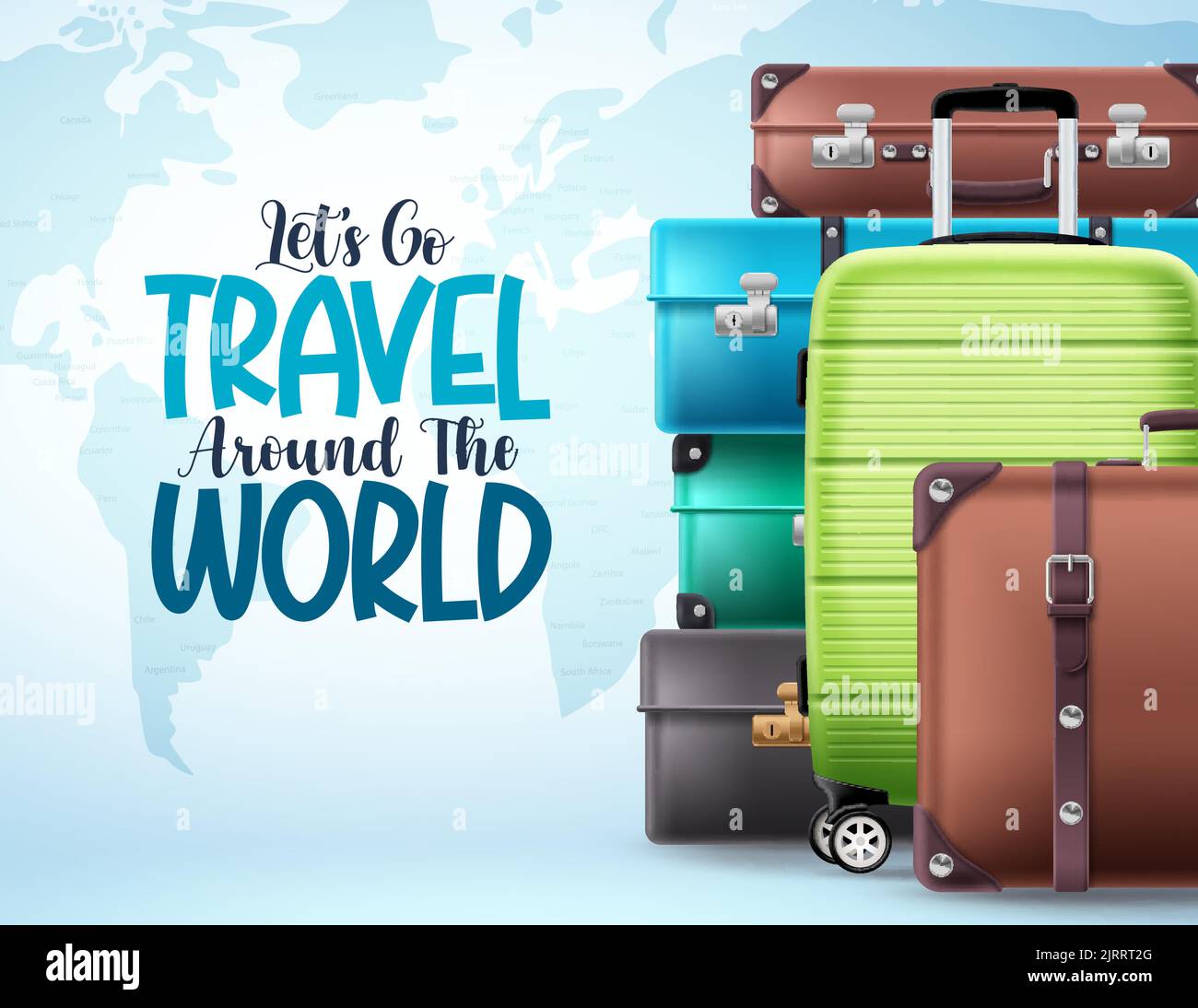 Travel around the world text vector design. Let's go travel typography in empty space with luggage, bag and suitcase elements. Vector Illustration. Stock Vector