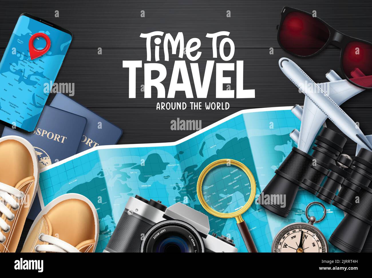Travel time vector background design. Time to travel around the world text in wooden space with travelers elements for fun and enjoy international. Stock Vector