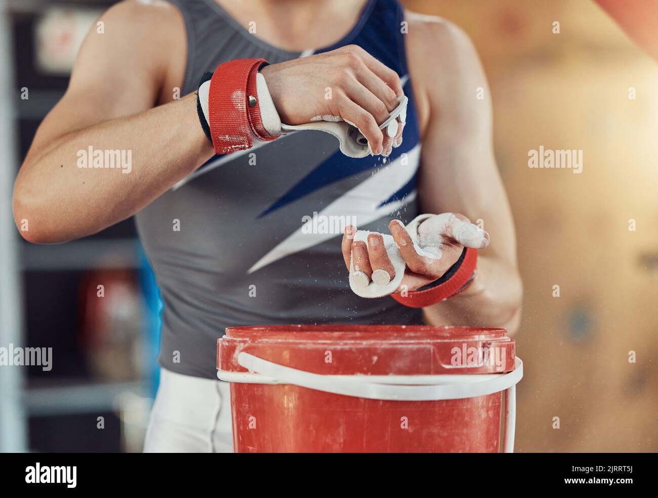 Hands of gymnastics woman with chalk to work on training, fitness and