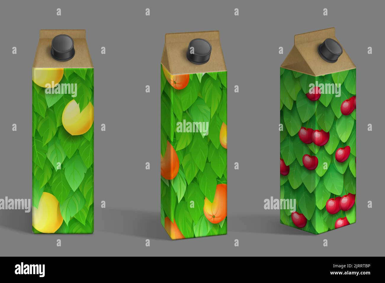Juice box realistic template set for branding. Vector illustration of lemon, orange, cherry ...