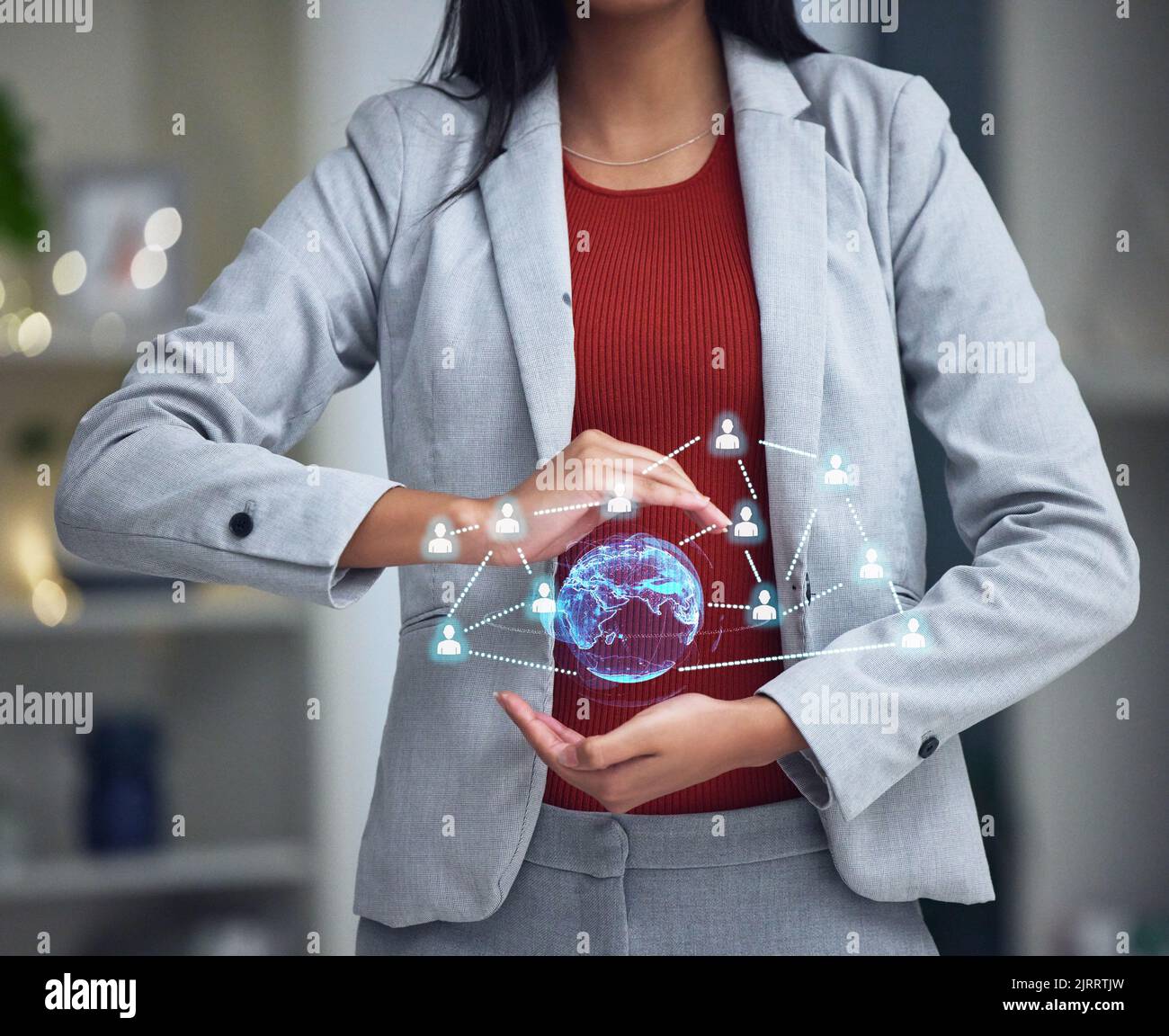 Technology, ai and networking of a business woman holding virtual interface at work. Female big data leader showing her network and social connections Stock Photo