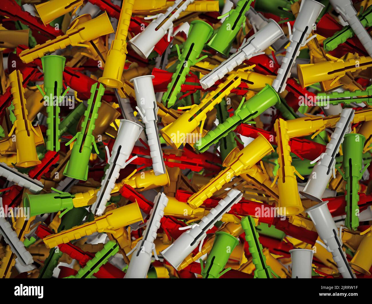 Heap of plastic dowels in various size and colors. 3D illustration. Stock Photo