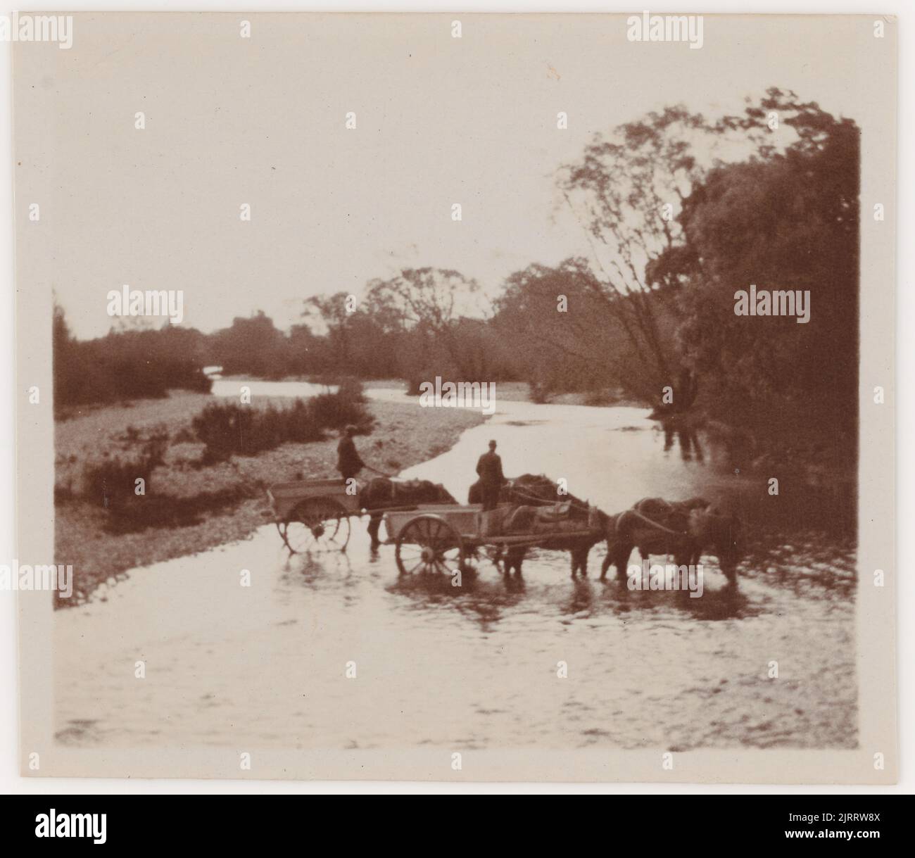 [Crossing Masterton river with horses]., 1920s to 1930s, New Zealand ...