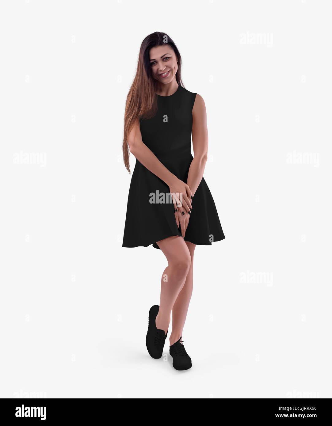Mockup of a black wave dress on a dark-haired girl in shoes, a summer sundress with a puffy skirt, isolated on a background, front view. Fashion textu Stock Photo